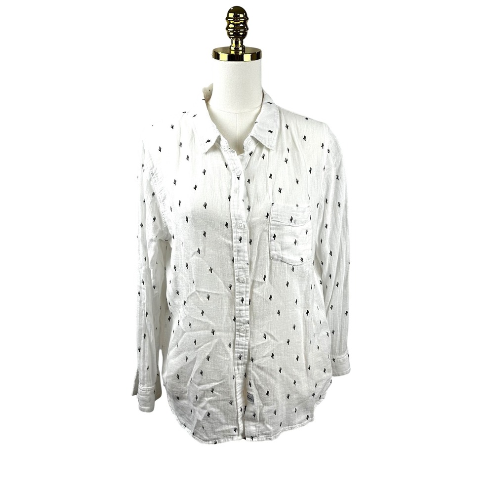 Rails Charli Cactus Print Button Down Shirt White Size Medium Long Sleeve